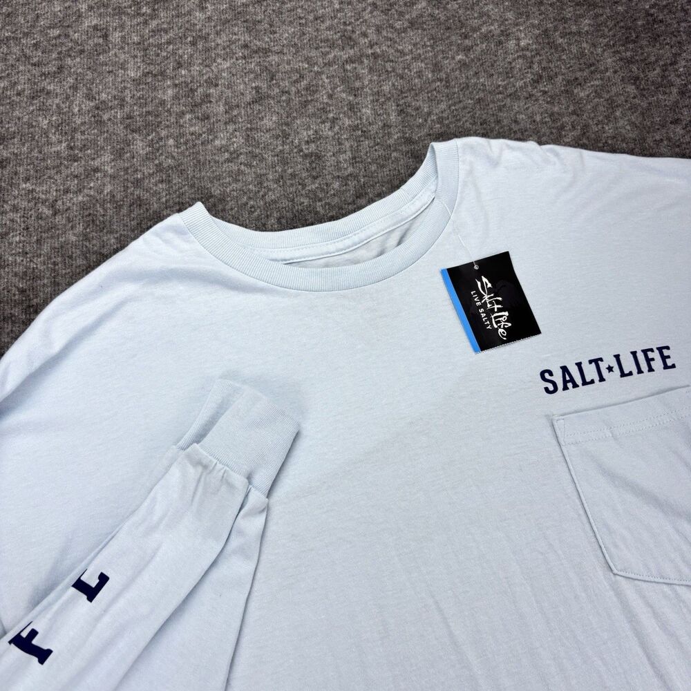 Salt Life Men’s 2XL Long Sleeve Pocket T Shirt Light Blue 100% Cotton NWT